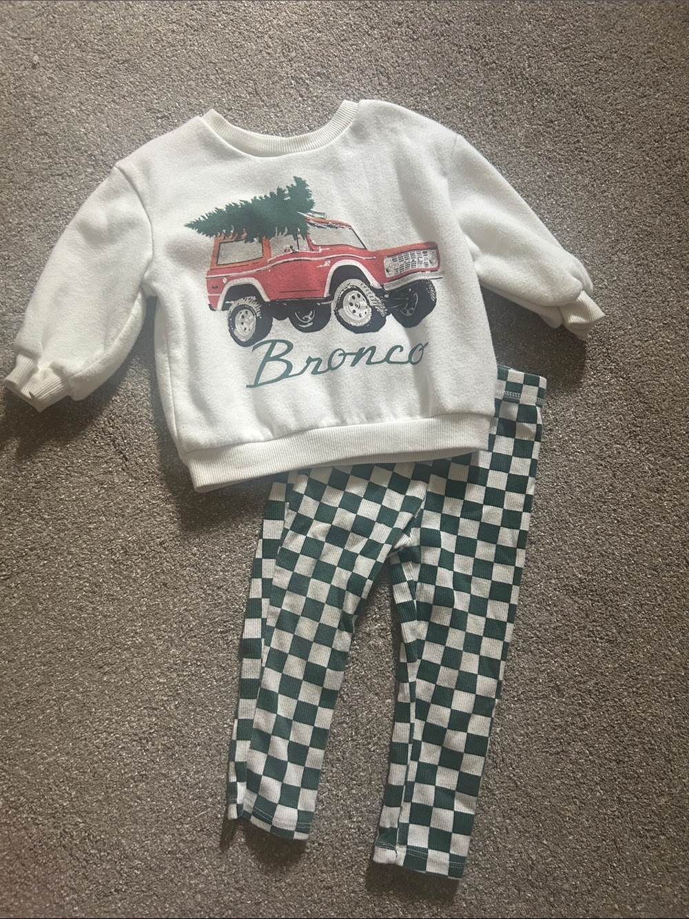 Unisex Toddler Ford Cream Sweatshirt with Red Bronco & Green Check Leggings